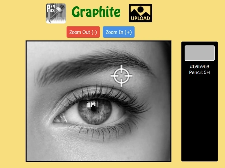 Color pencil picker PenPick Graphite showing which pencil to use for drawing from reference photo of an eye